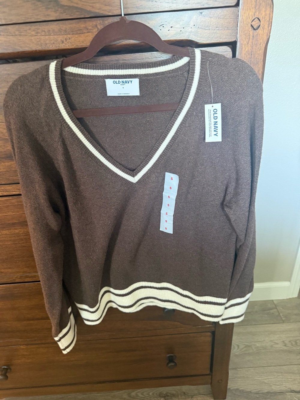 Old Navy Brown V-Neck Sweater with Cream Stripe Trim